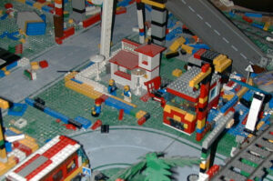 Photograph of the Lego red van at the Pizzeria