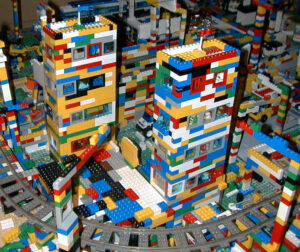 Over shot of the colored Lego towers