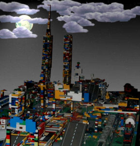 Edited photo graph of the Lego Colored tower with the highway signs