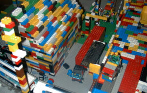 Photograph of the Lego truck with warehouse in colored bricks