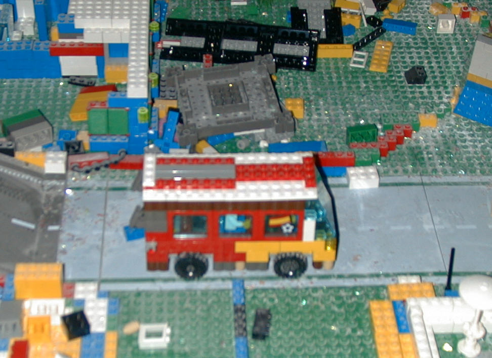 Photograph of the Lego bus on the road